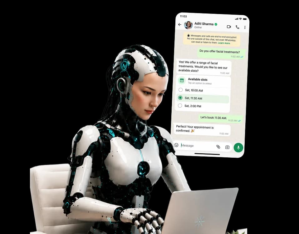 The NIRO assistant at a laptop beside a WhatsApp chat in which a customer books a facial