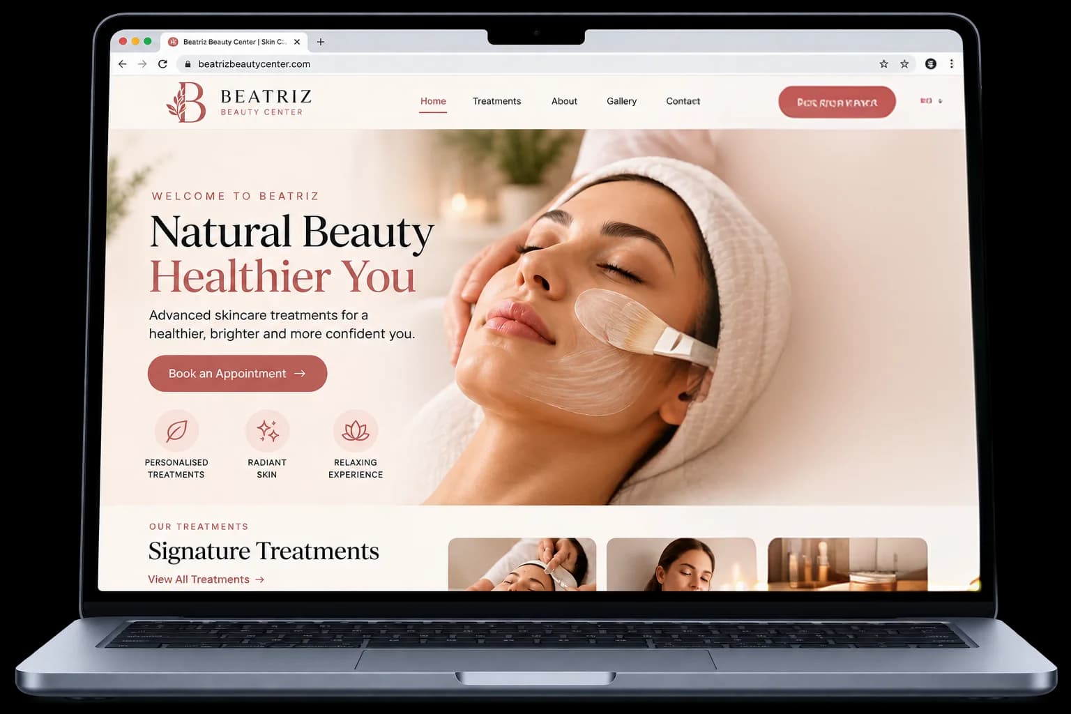 A laptop showing the Beatriz Beauty Center website with the NIRO chat widget open, booking a facial for a visitor