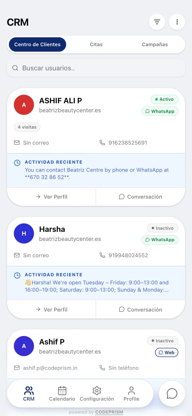 La lista de clientes del CRM de NIRO, con perfiles, canal, visitas y actividad reciente