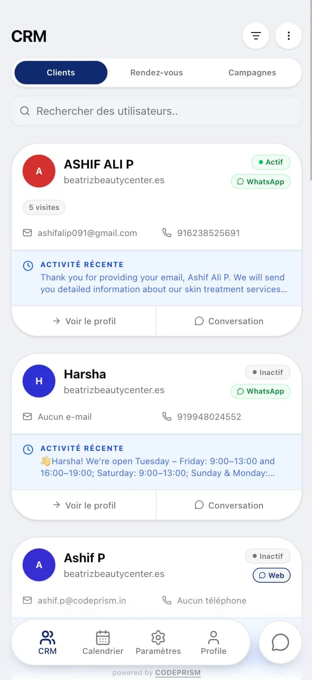 La liste des clients du CRM NIRO, avec les profils, le canal, les visites et l'activité récente